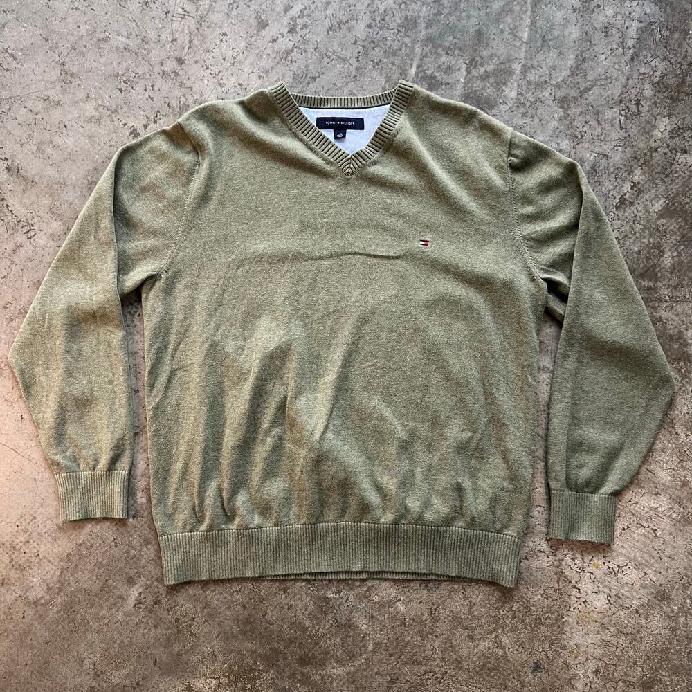 Tommy Hilfiger Sweater Large Green V-Neck Cotton Knit Pullover Logo Mens L Sage